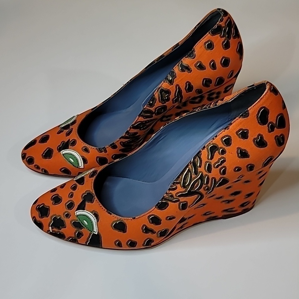 Ashley DEARBORN Leopard Lizard Cheetah Funky Rare Leather Almond Toe Wedge Heel - Picture 5 of 7